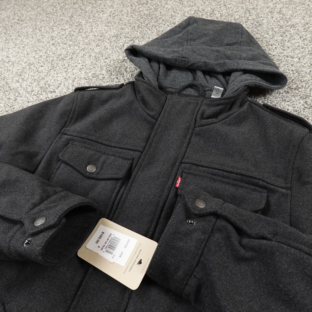 NEW Levis Jacket Mens S Black Gray Wool Hooded Trucker Outdoor Work Coat Western